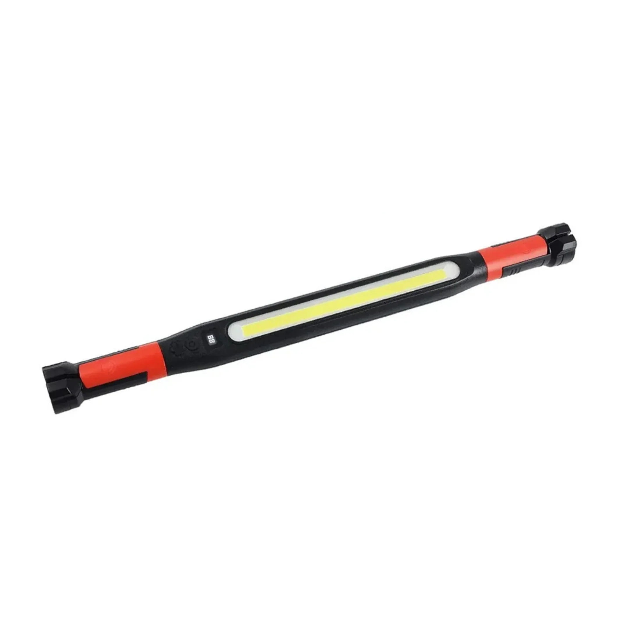 LED work light bar with black and red handle, ideal for garage lighting and workshops