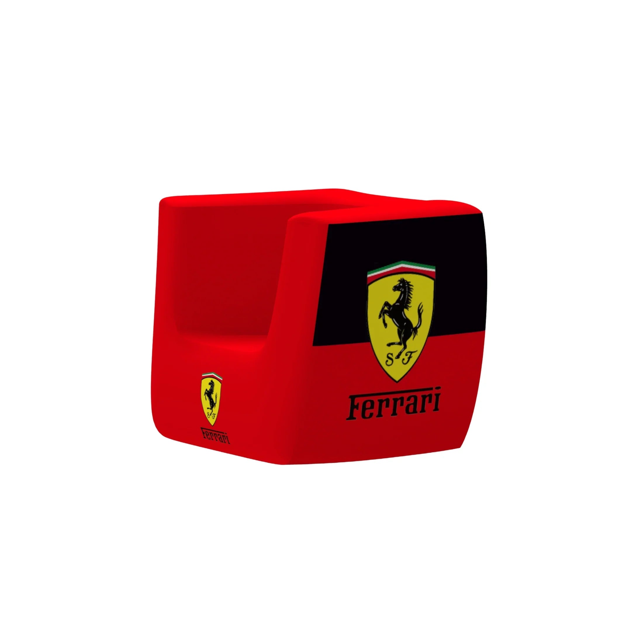 Red Ferrari-themed garage storage bin with black and yellow horse logo on white background