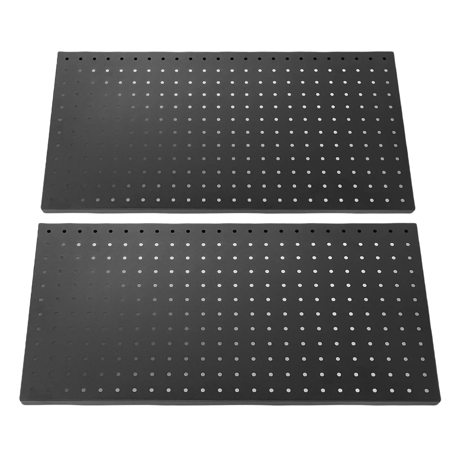 Set of two black metal garage pegboards with evenly spaced holes for tool storage