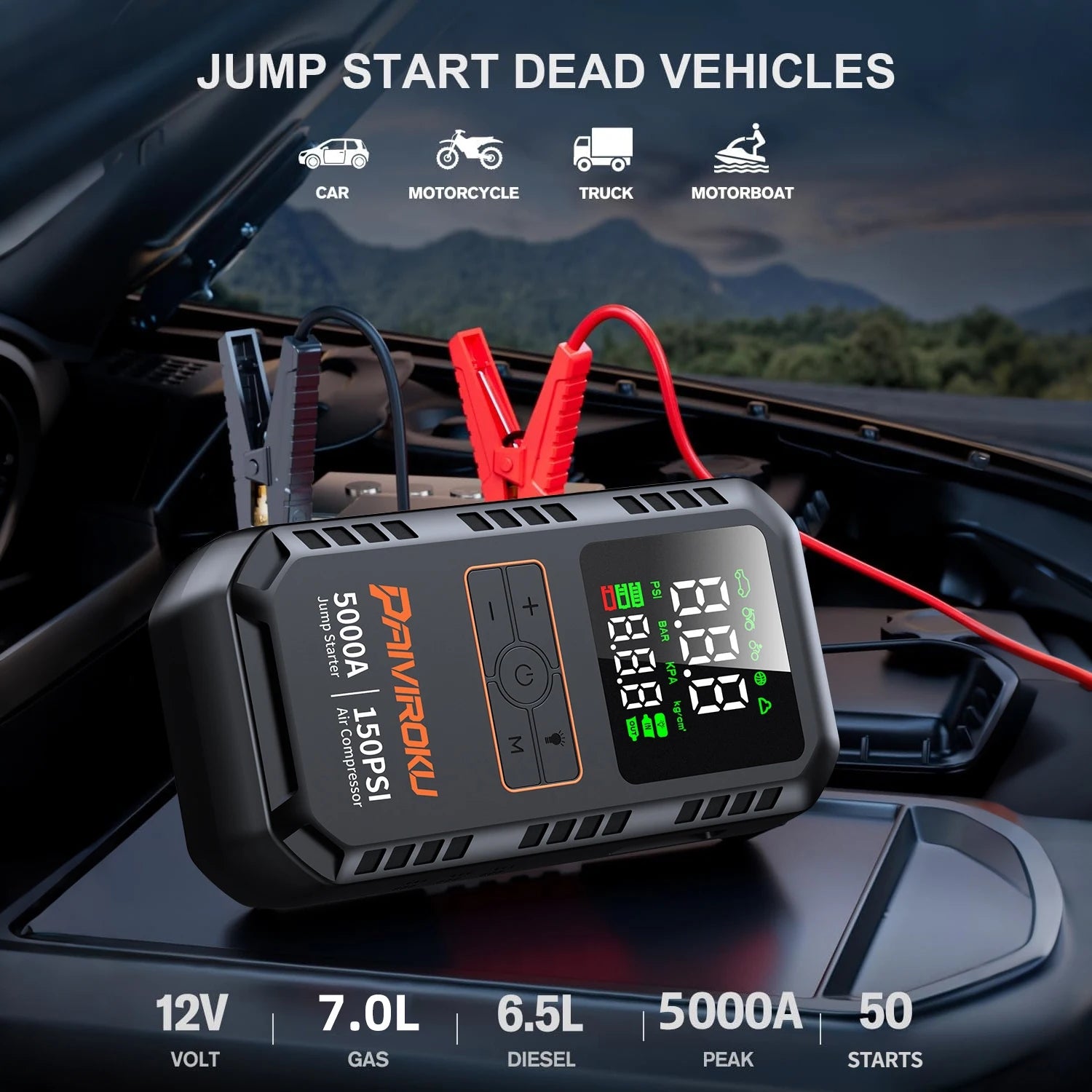 Portable car jump starter and air compressor with digital display and clamps in use under hood