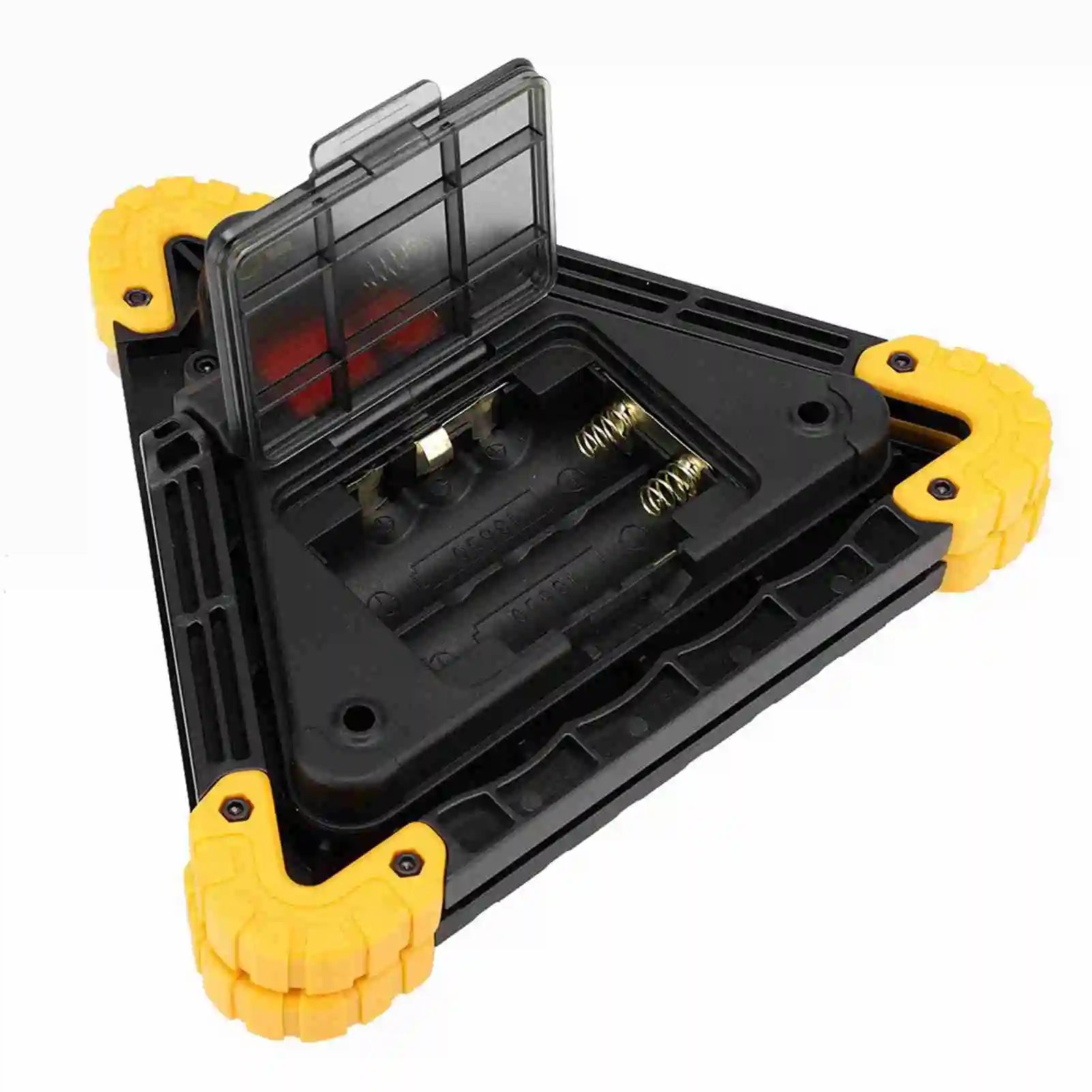 Triangle-shaped portable LED work light with open battery compartment, black and yellow design