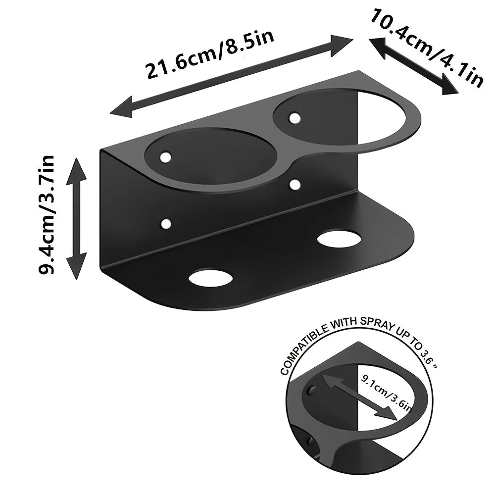Black metal wall mount spray can holder for garage, two slots, size dimensions shown.