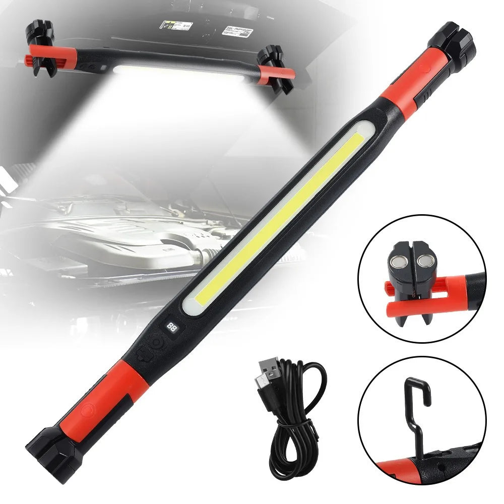 Rechargeable LED work light for garage, with adjustable hooks and magnetic ends, USB cable included