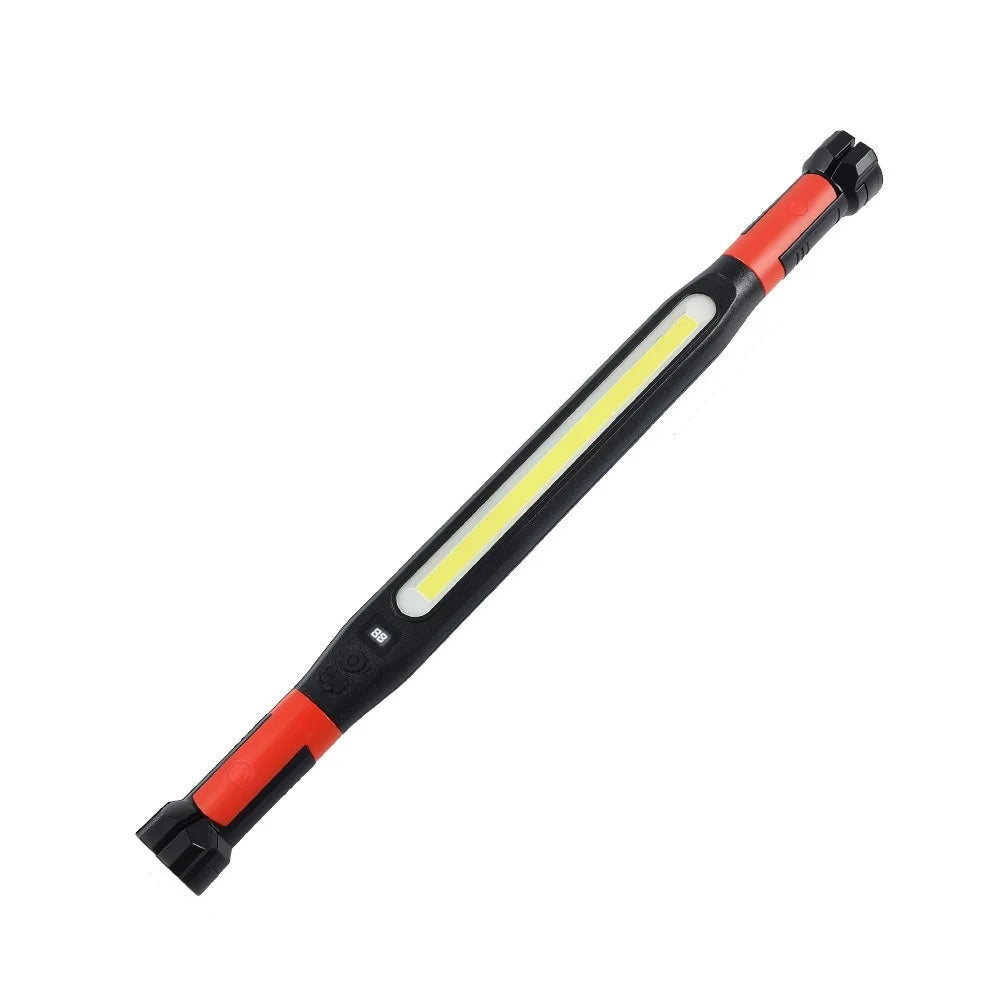 LED rechargeable work light for garage or workshop use, slim black and red design