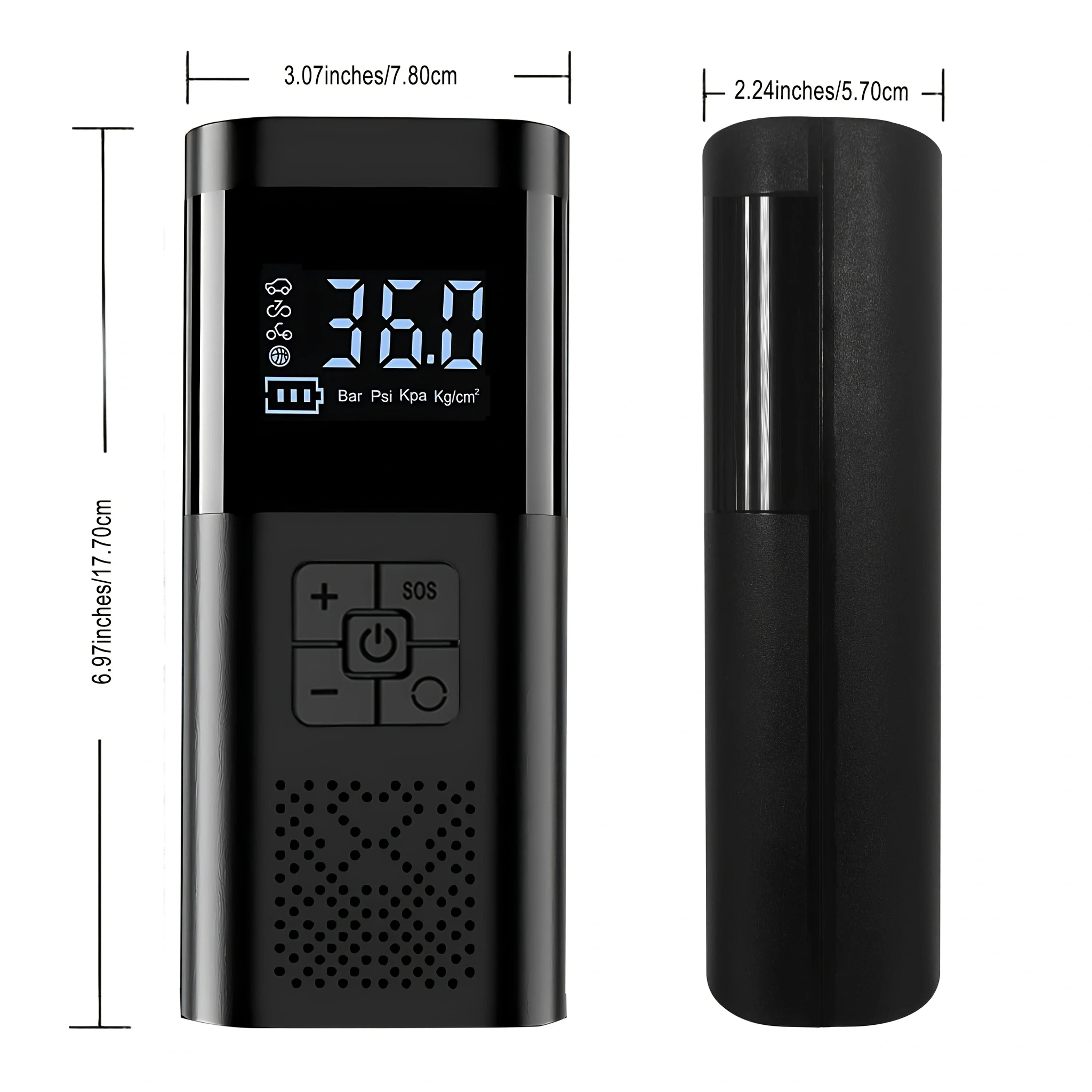 Portable digital tire inflator with LCD display, control buttons, and size dimensions shown.