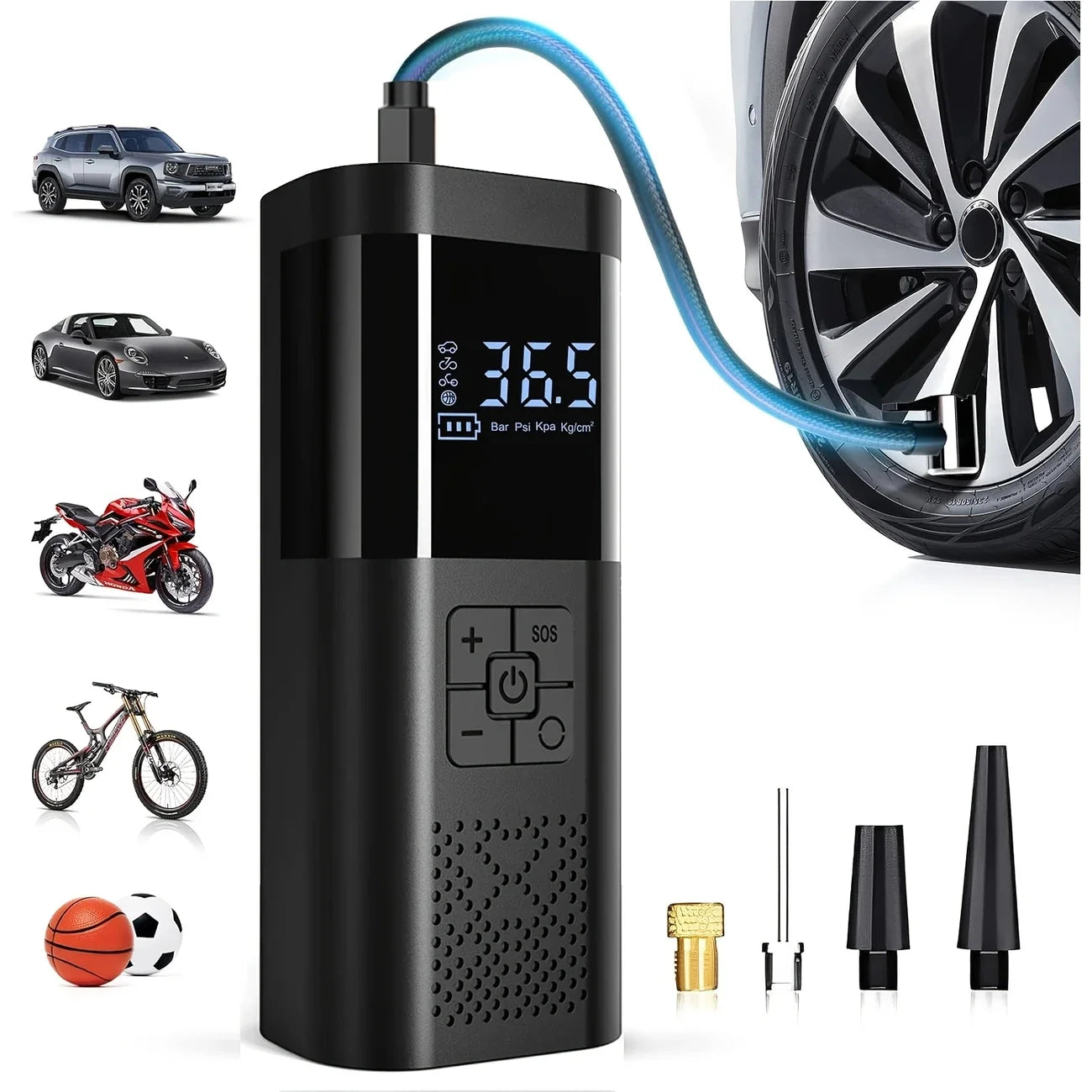 Portable digital tire inflator with LED display, used for car, bike, motorcycle, and sports balls