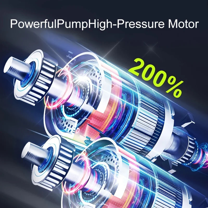 High-pressure motor pump diagram with gears, labeled powerful and 200 percent increase