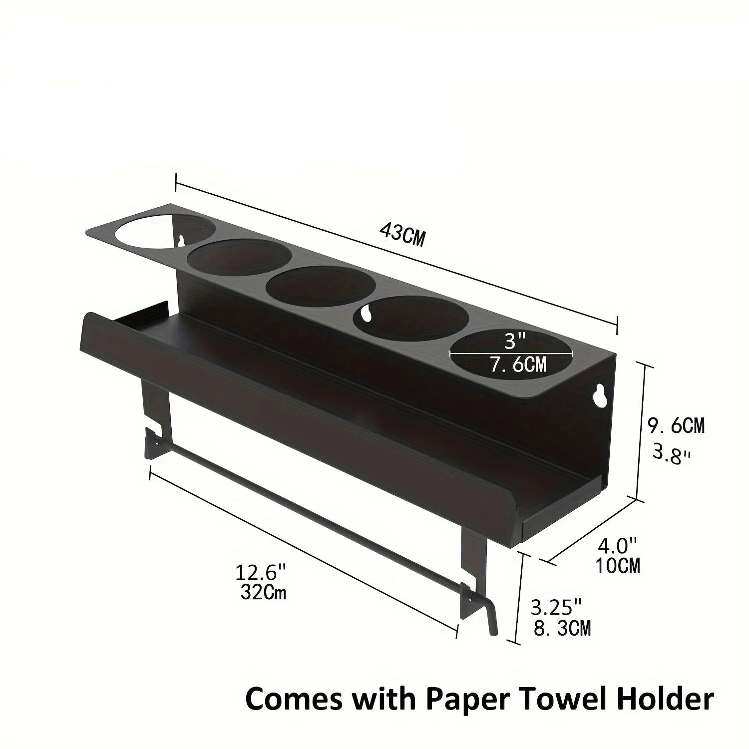 Wall-mounted metal garage organizer with four spray can holders, shelf, and paper towel rack, labeled dimensions.