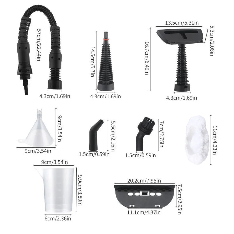 Steam cleaner accessories kit with extension hose, nozzles, brushes, measuring cup, and scrubbing pad, each labeled with dimensions for garage or workshop cleaning tasks.