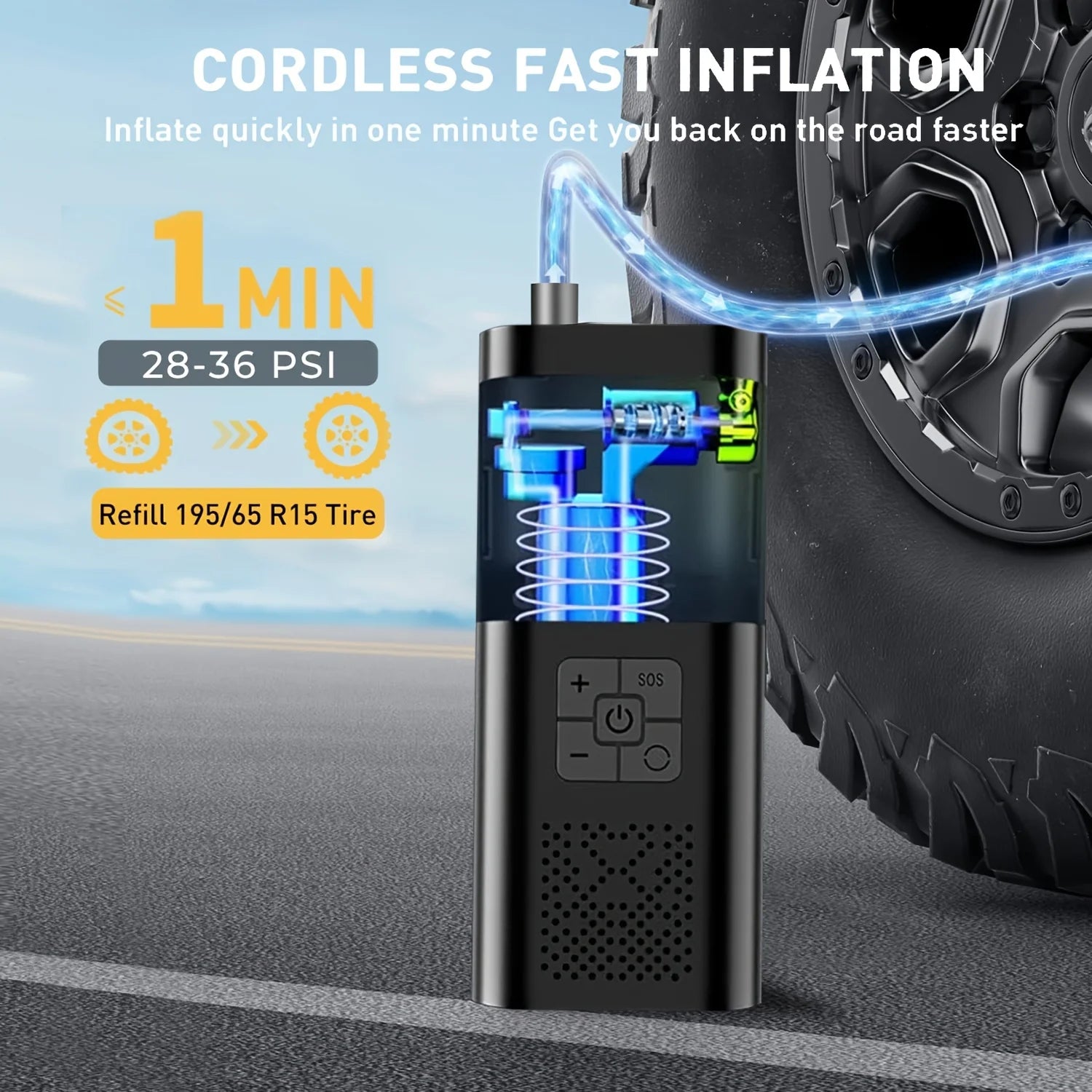 Cordless digital tire inflator with LED display inflating a car tire on the road