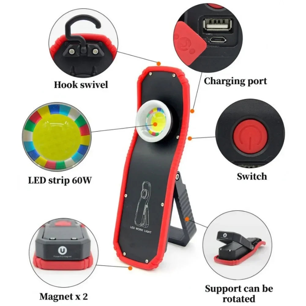 Rechargeable LED work light with swivel hook, magnets, USB charging port, and rotatable stand.