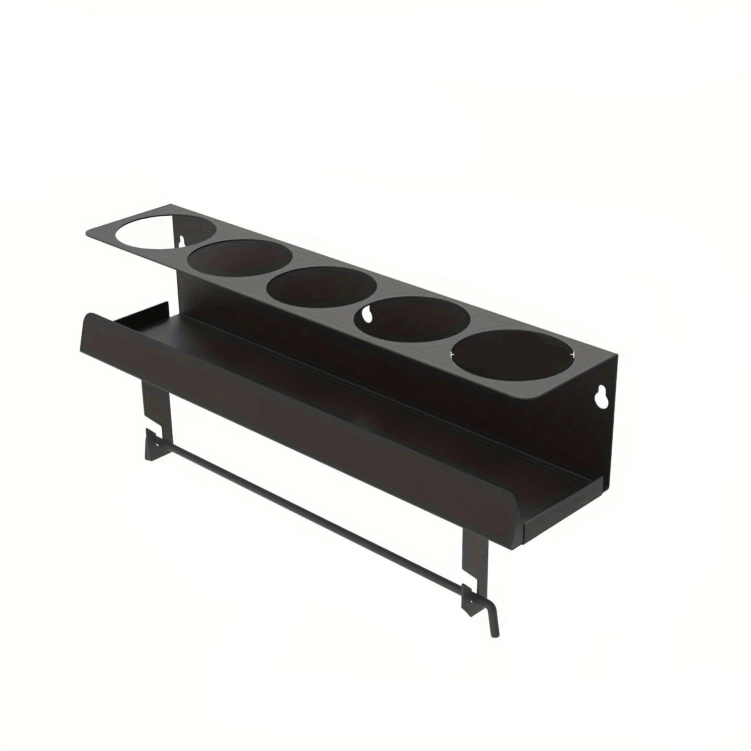Wall-mounted garage organizer rack with cup holders and paper towel bar, black metal design