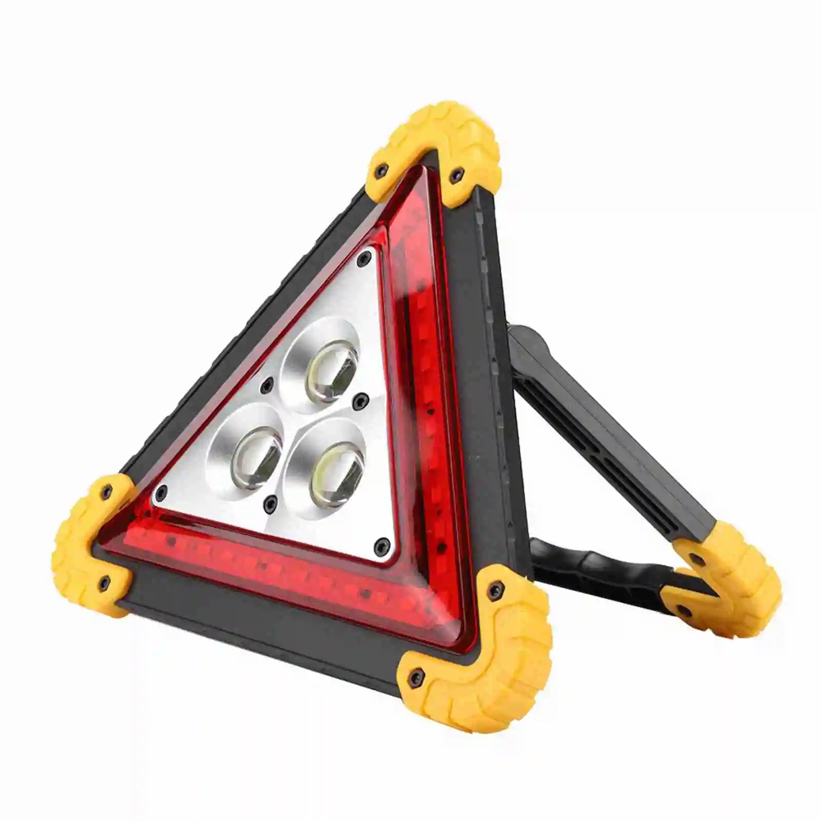Triangular LED work light with red border and yellow corner accents, suitable for garage use