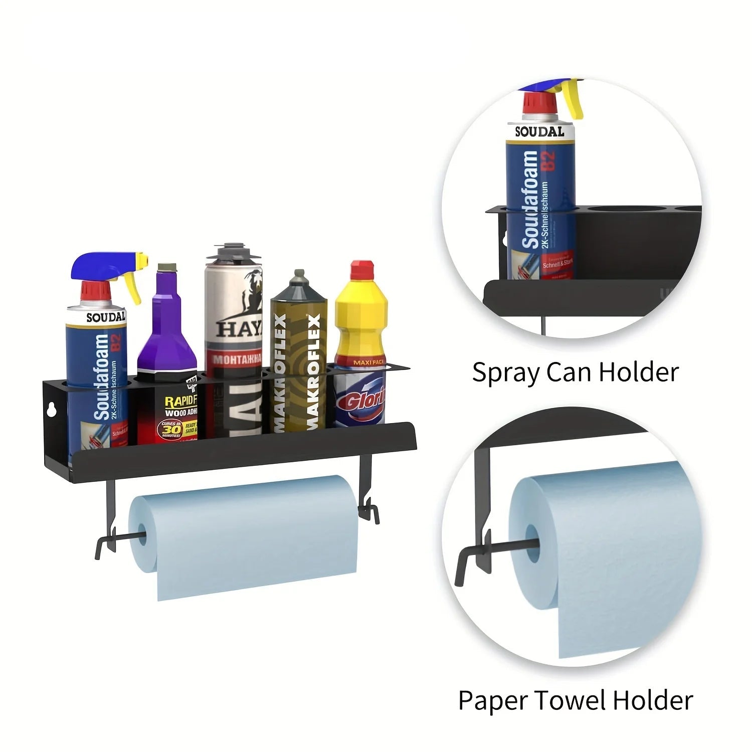 Wall-mounted garage organizer with spray can and paper towel holders, ideal for workshop storage.