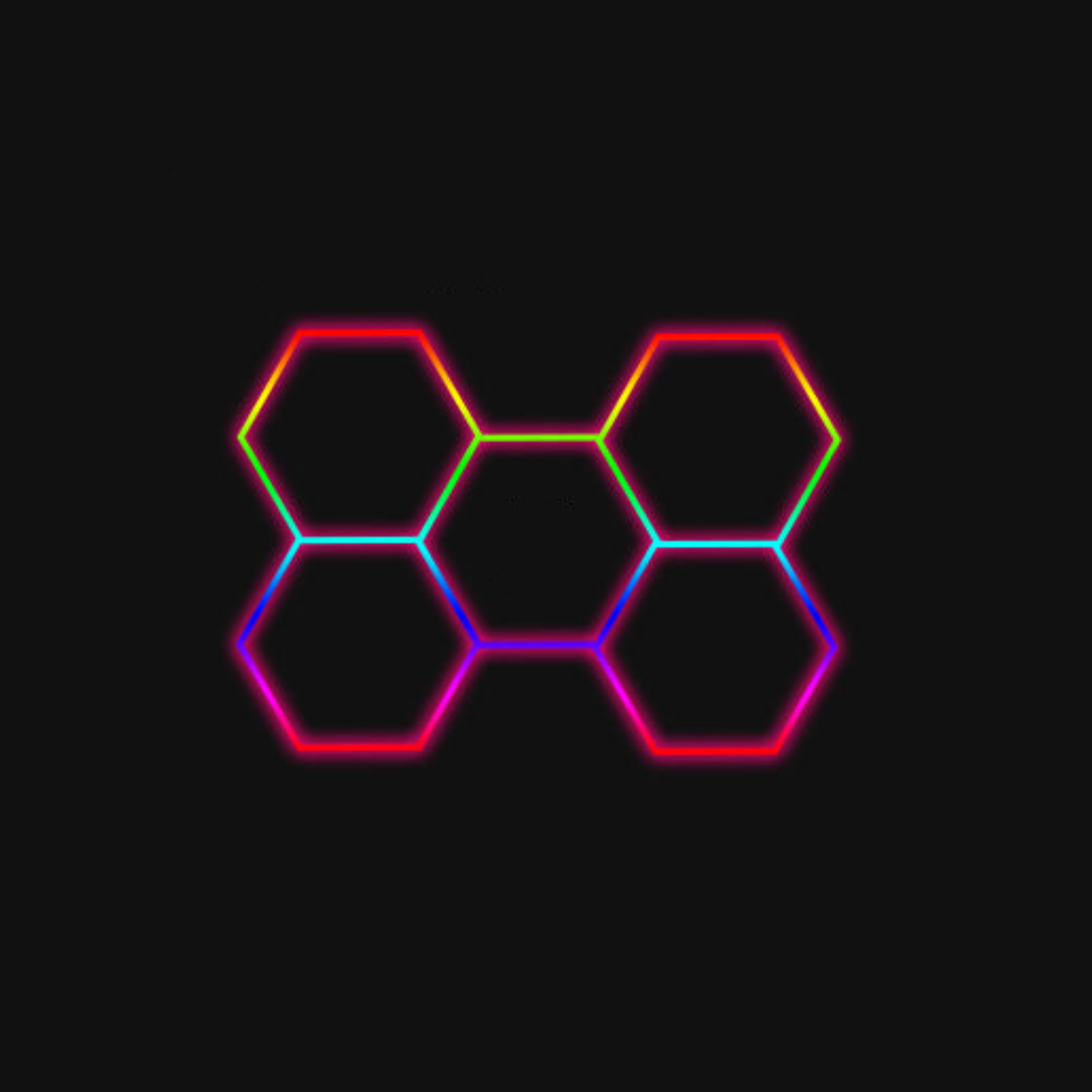 Colorful LED hexagon lights with reflection on black background for modern garage lighting