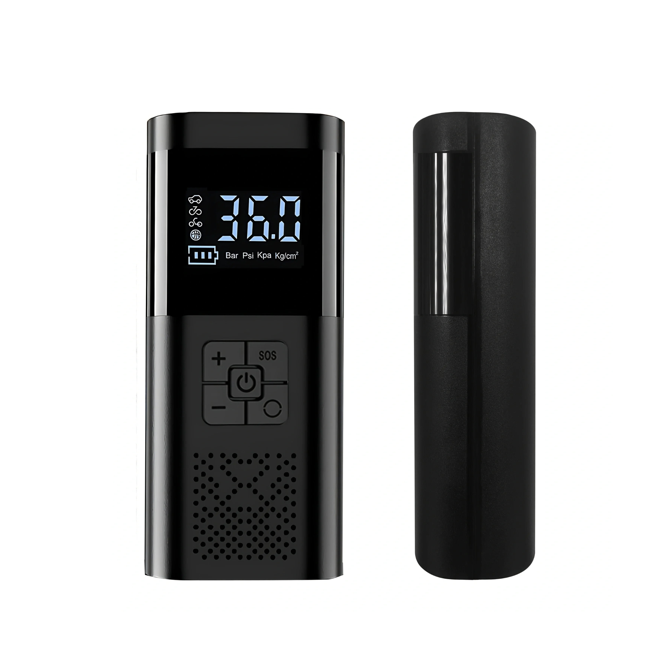 Digital portable tire inflator with LCD display and black casing, garage equipment