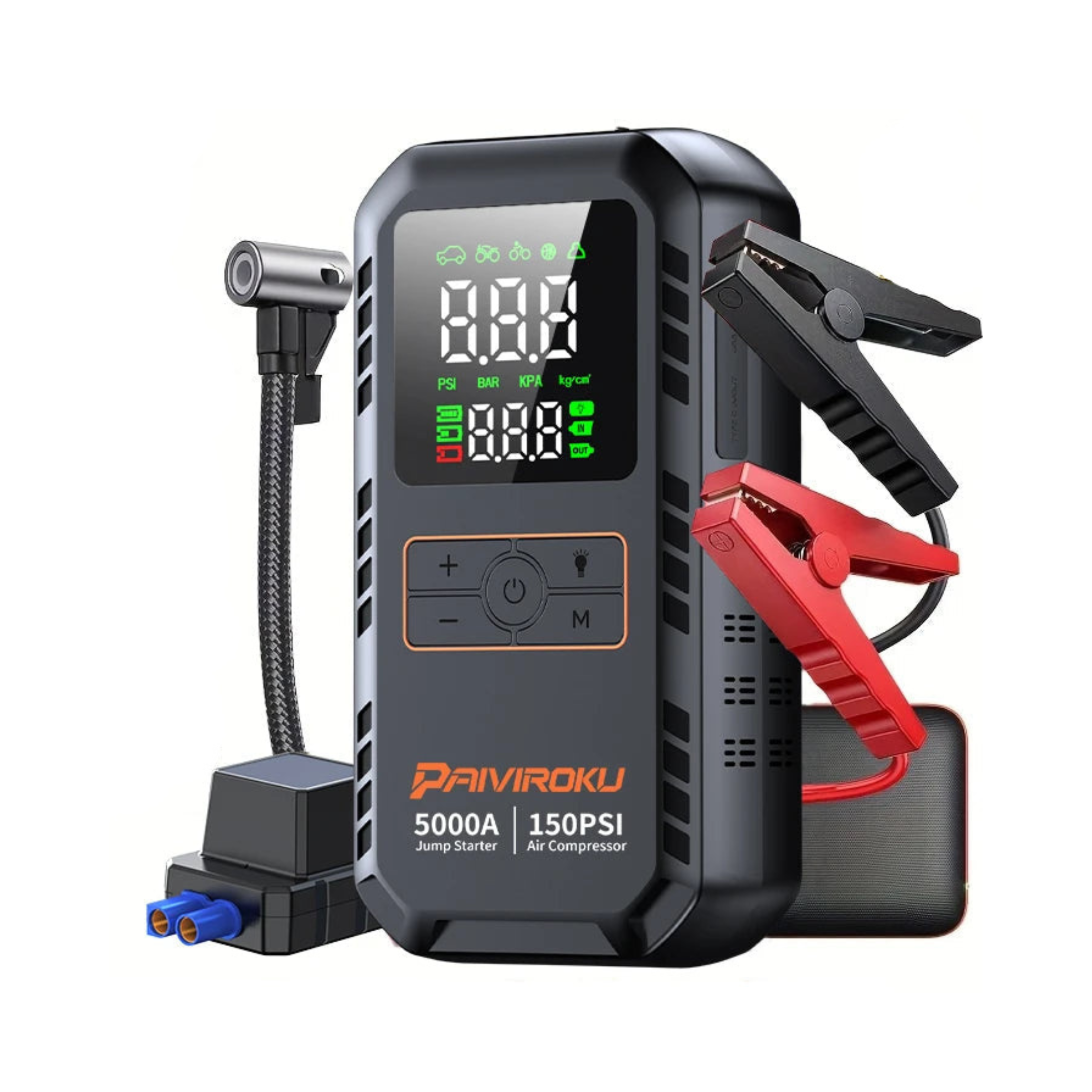 Portable jump starter and air compressor with digital display, battery clamps, and PSI settings