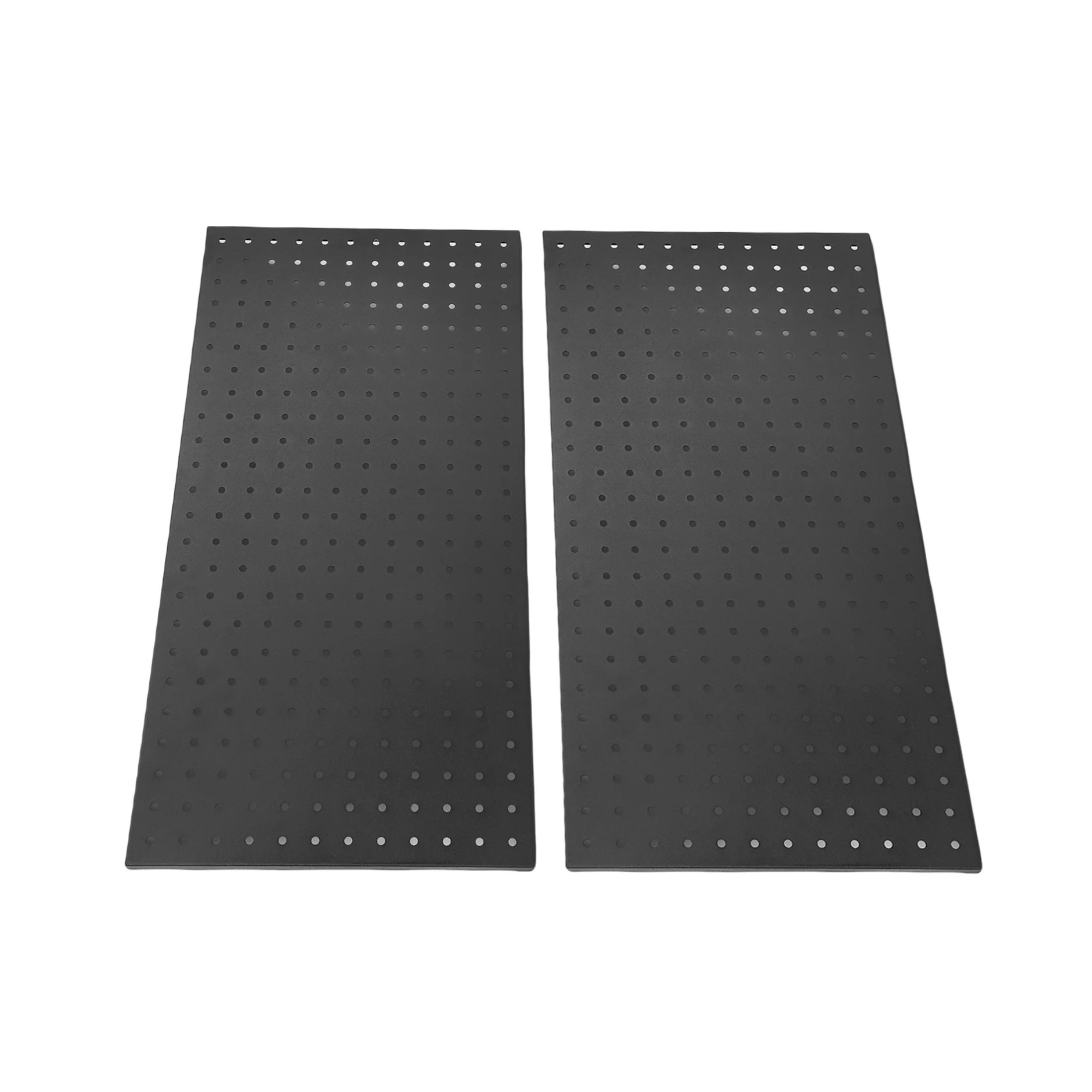 Pair of black perforated garage wall panels for tool storage and organization