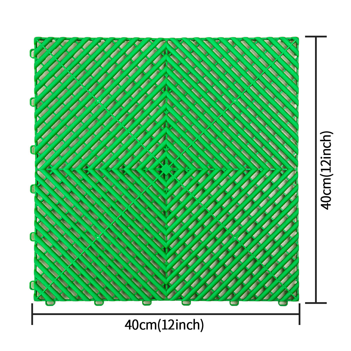 Green interlocking garage floor tile, 40cm x 40cm with diagonal slotted pattern