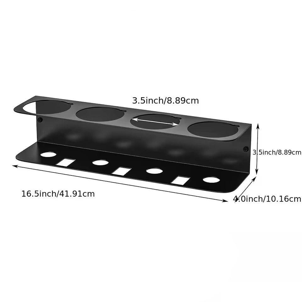 Black metal garage wall organizer with tool slots, labeled dimensions in inches and centimeters.