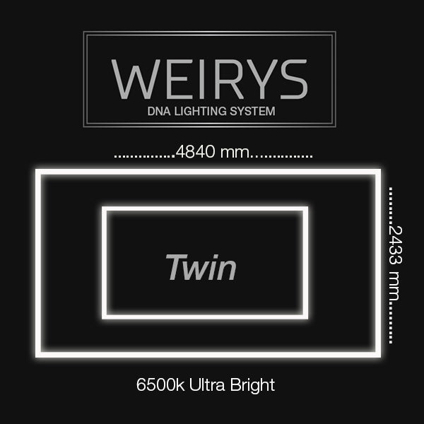 Twin LED garage lighting system diagram with dimensions 4840mm by 2433mm, 6500k ultra bright.